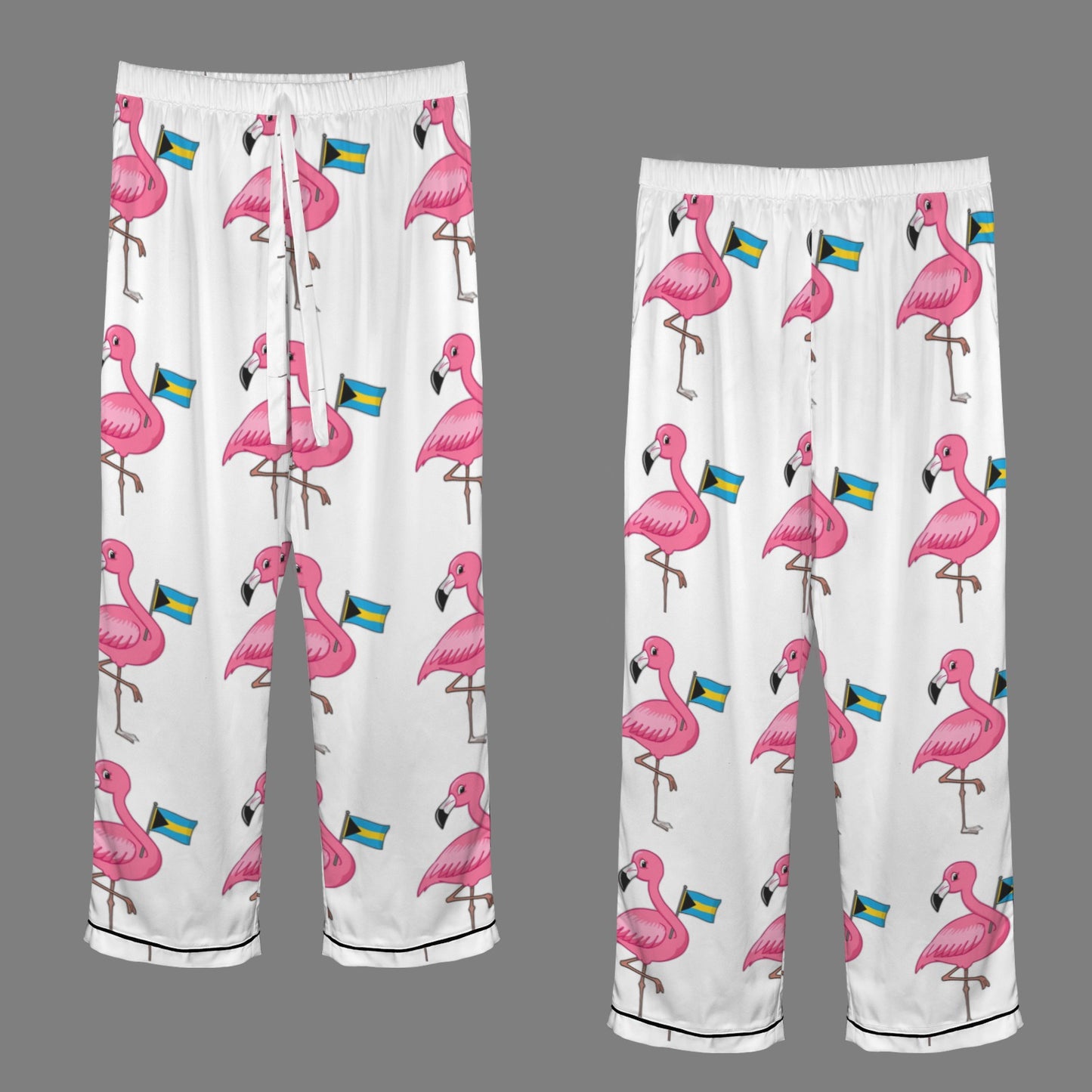 TropiKulture Flamingo Print Satin 2 Piece Long Sleeve Set ( White)