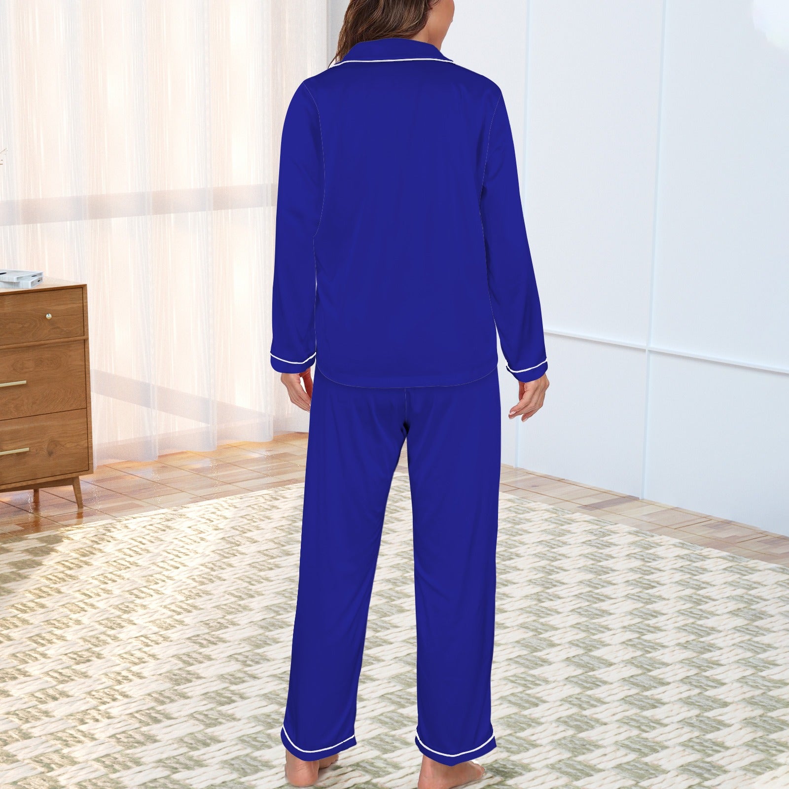 2 Piece Satin Long Sleeve Pajamas Set (Royal Blue)