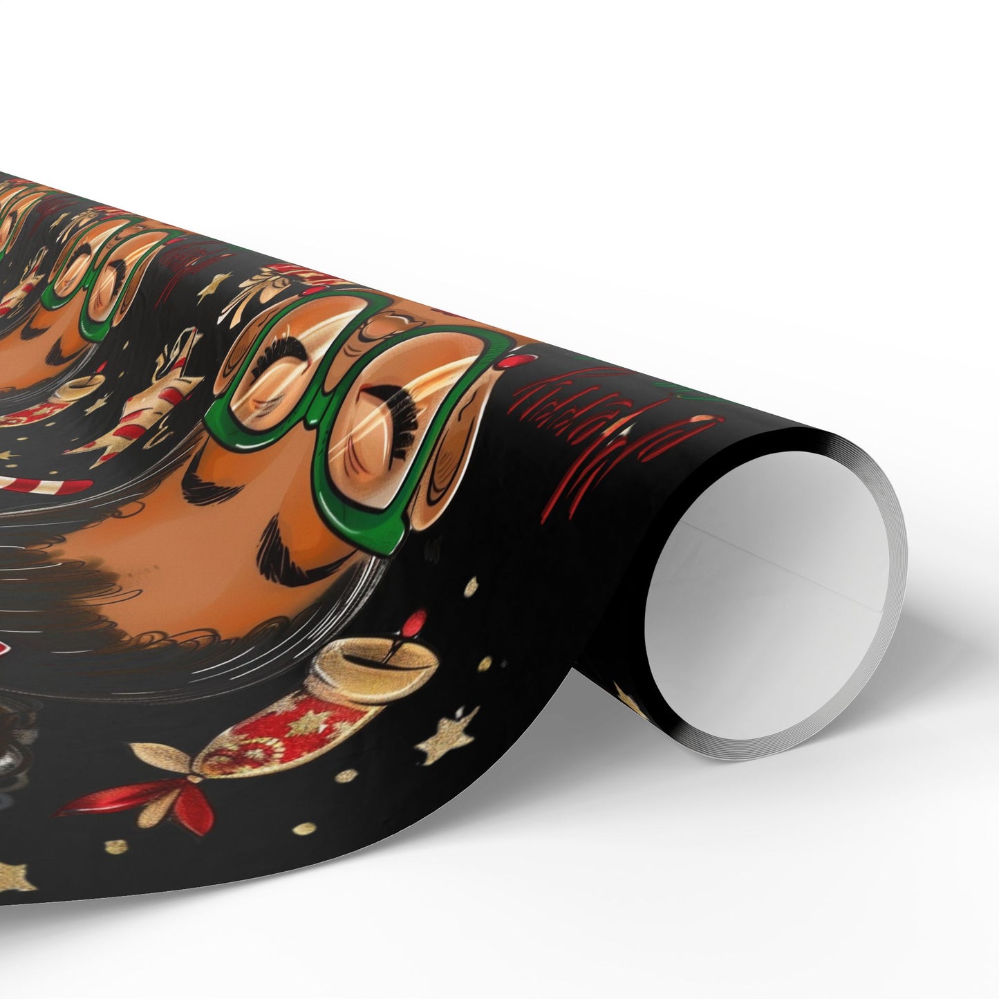 Holiday Afro Girl Wrapping Paper — Festive Black Background Gift Wrap