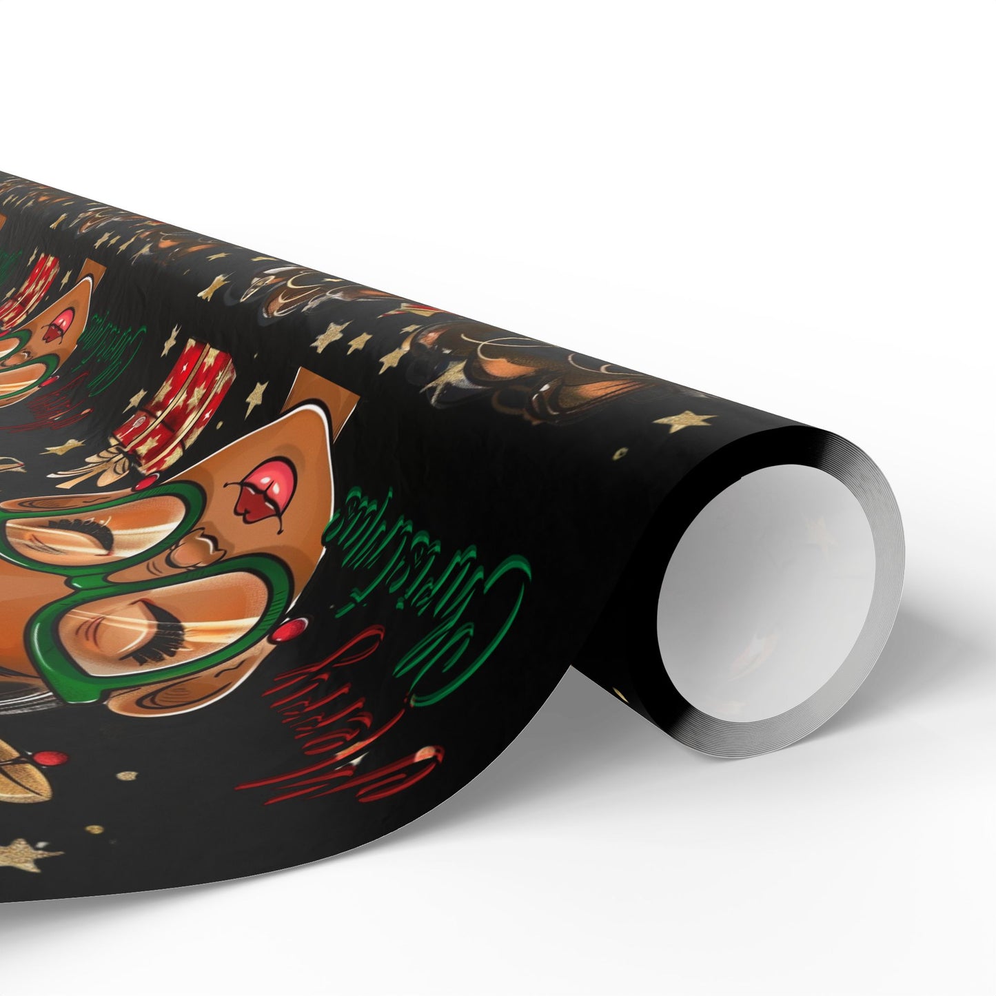 Holiday Afro Girl Wrapping Paper — Festive Black Background Gift Wrap