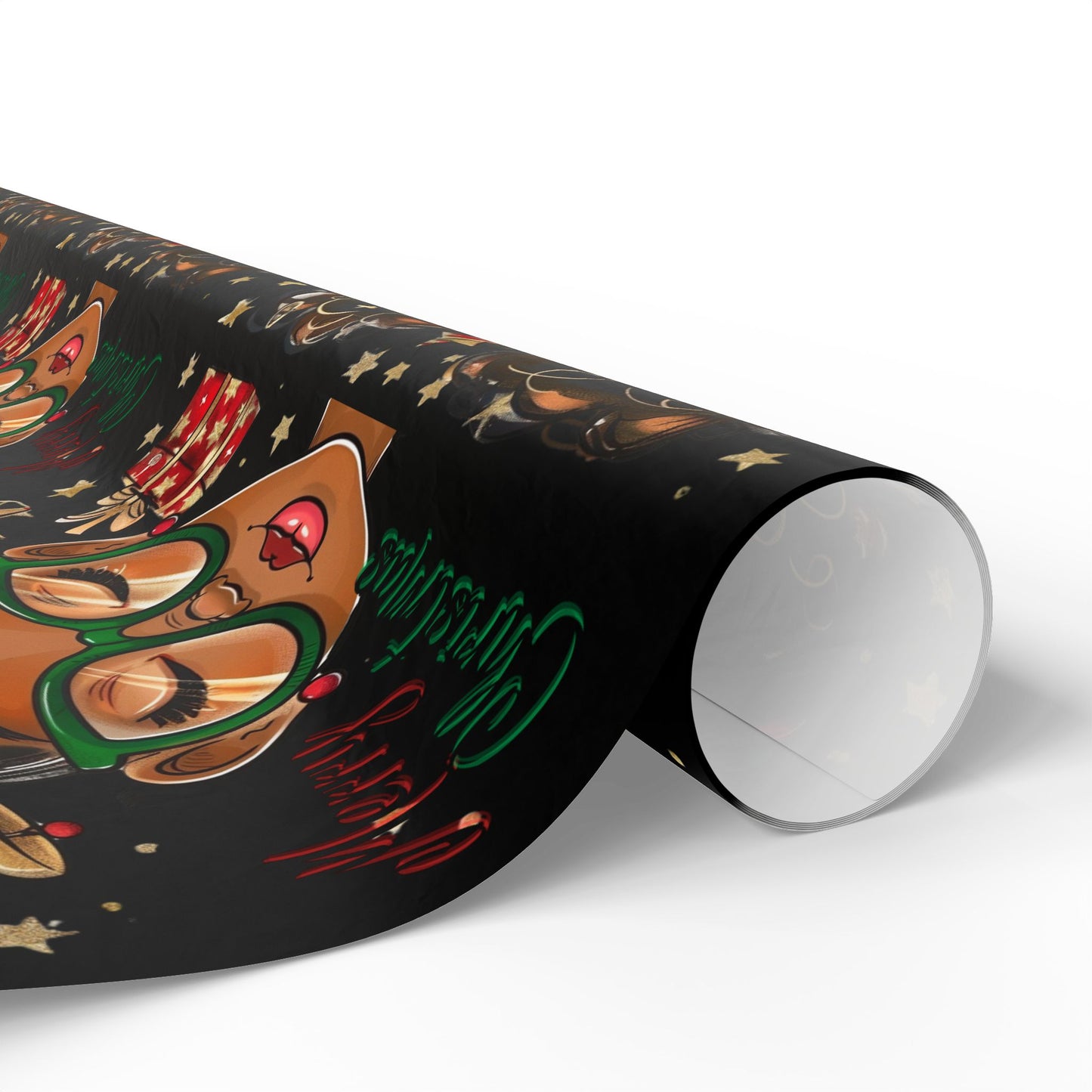 Holiday Afro Girl Wrapping Paper — Festive Black Background Gift Wrap