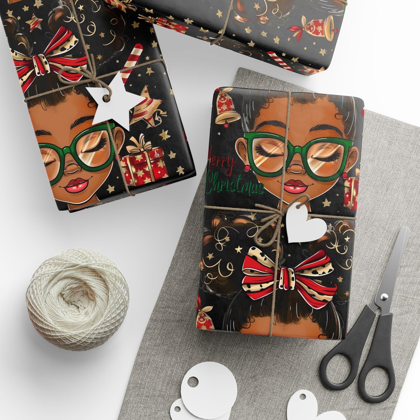 Holiday Afro Girl Wrapping Paper — Festive Black Background Gift Wrap