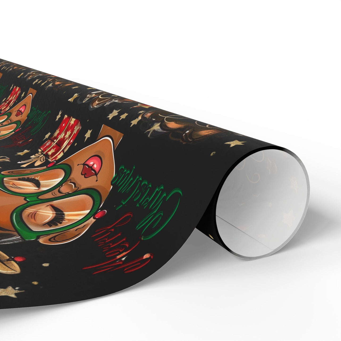 Holiday Afro Girl Wrapping Paper — Festive Black Background Gift Wrap
