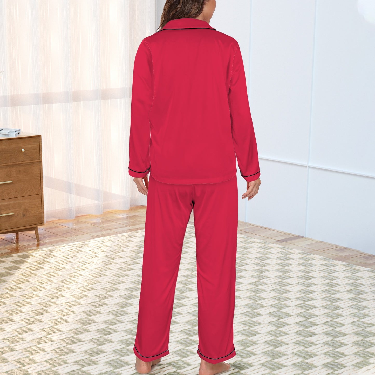 2 Piece Satin Long Sleeve Pajamas Set (Red)