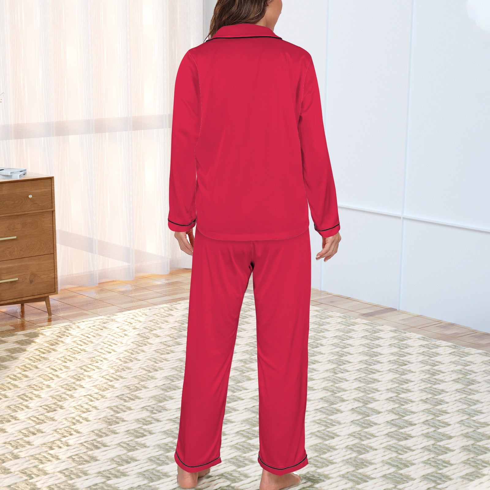 2 Piece Satin Long Sleeve Pajamas Set (Red)