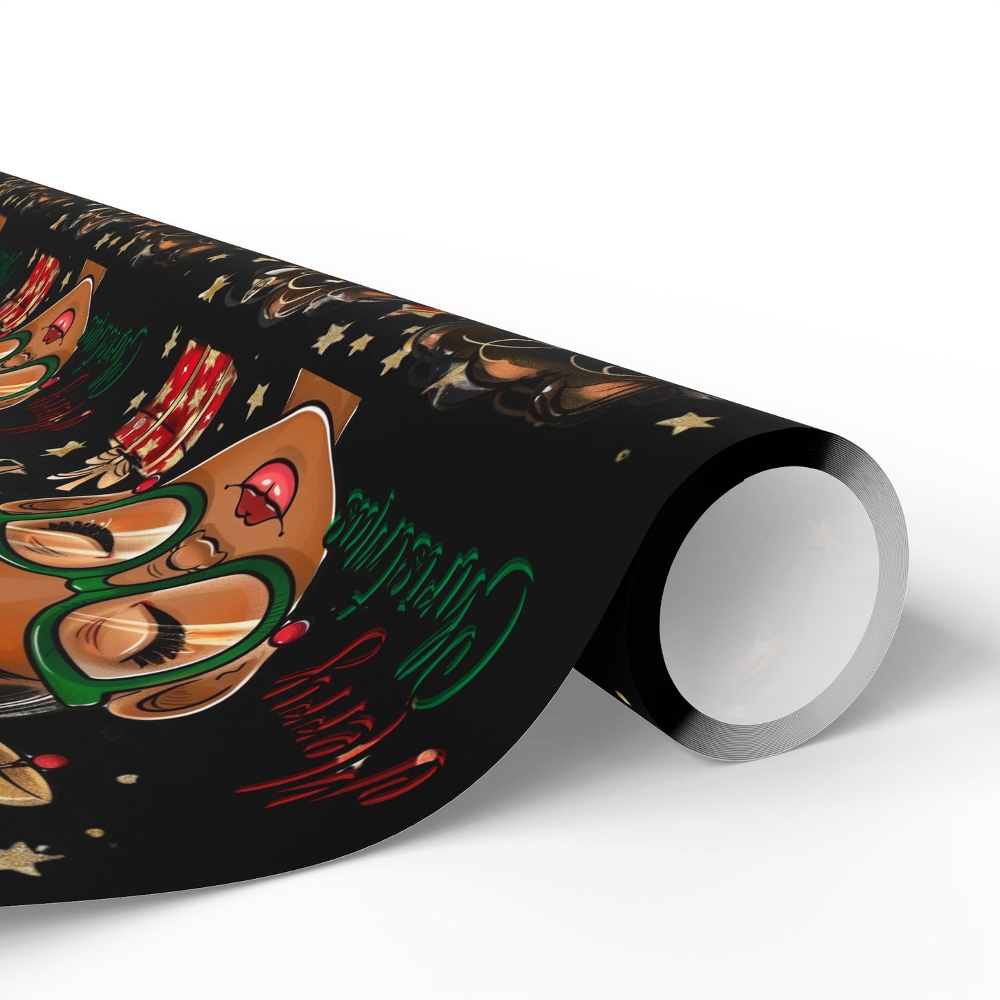 Holiday Afro Girl Wrapping Paper — Festive Black Background Gift Wrap