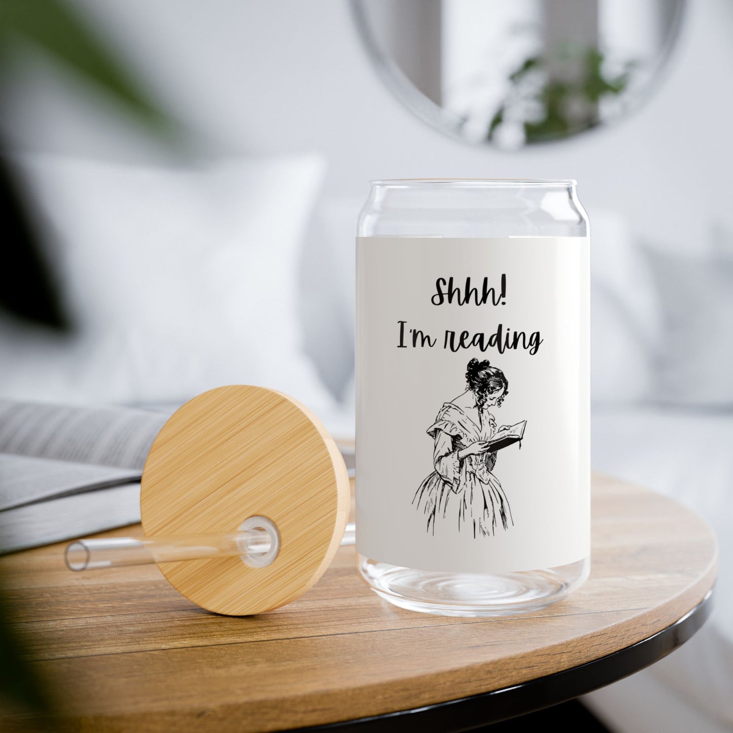 Reading Themed Sipper Glass, Perfect for Book Lovers, Shhh I'm Reading Drinkware, Gift for Readers, Eco-Friendly Glass Mug