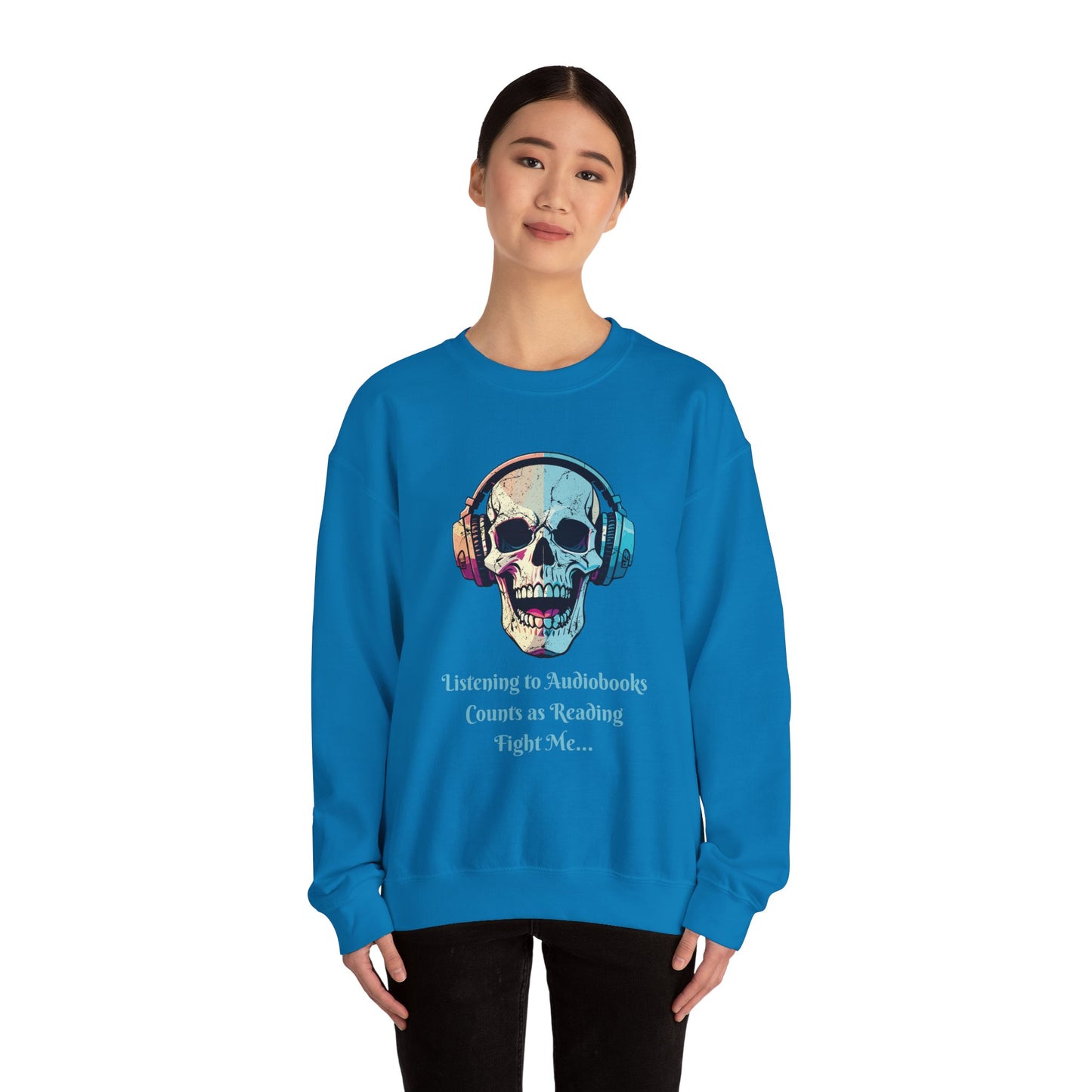 Skull Audiobook Sweatshirt - Cozy Unisex Crewneck for Book Lovers, Perfect Gift for Readers, Halloween, Birthday, Sweatshirt