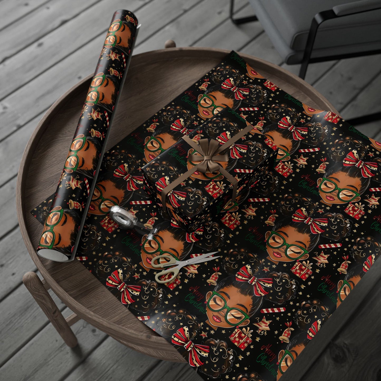 Holiday Afro Girl Wrapping Paper — Festive Black Background Gift Wrap