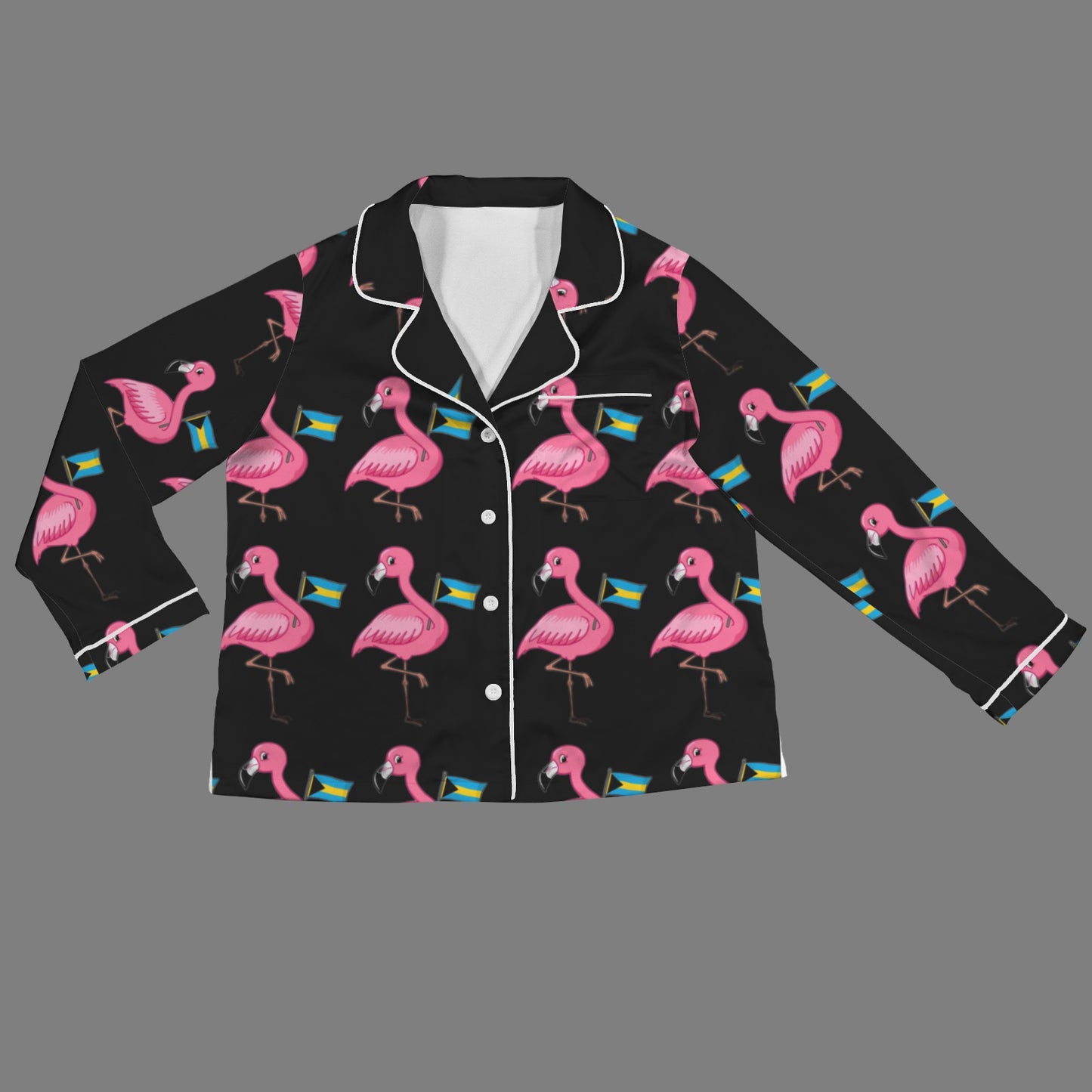 TropiKulture Flamingo Print Satin 2 Piece Long Sleeve Set (Black)