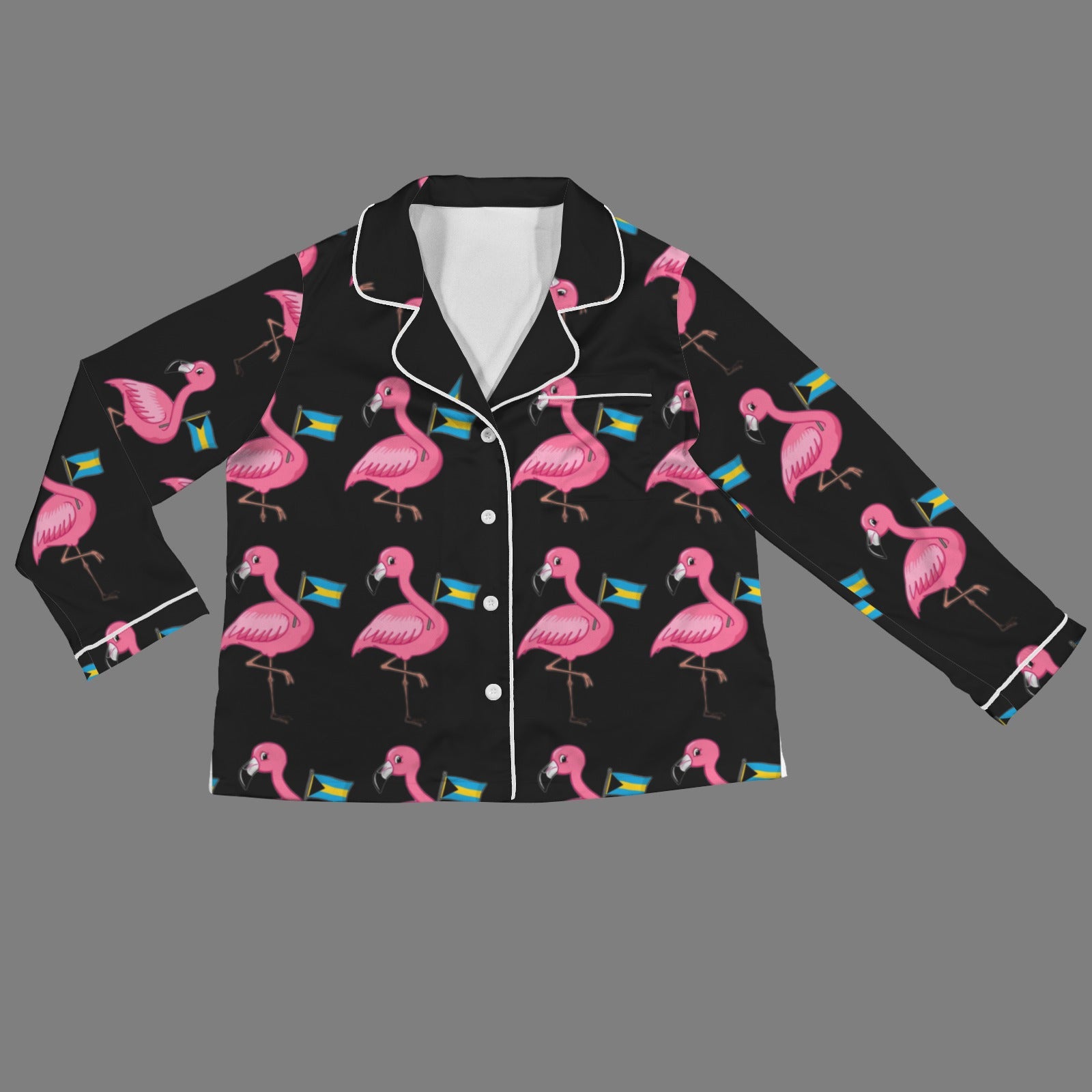 TropiKulture Flamingo Print Satin 2 Piece Long Sleeve Set (Black)