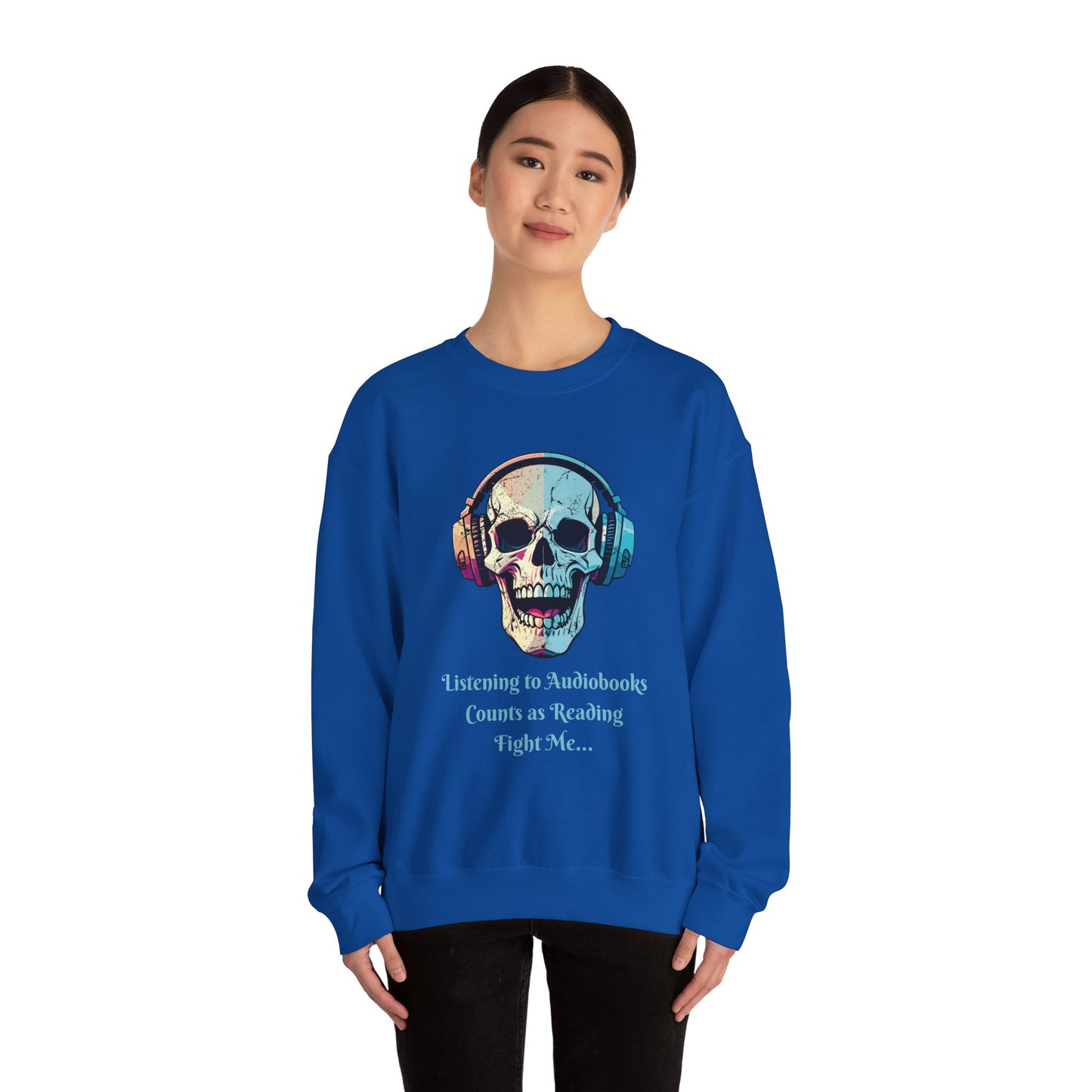 Skull Audiobook Sweatshirt - Cozy Unisex Crewneck for Book Lovers, Perfect Gift for Readers, Halloween, Birthday, Sweatshirt