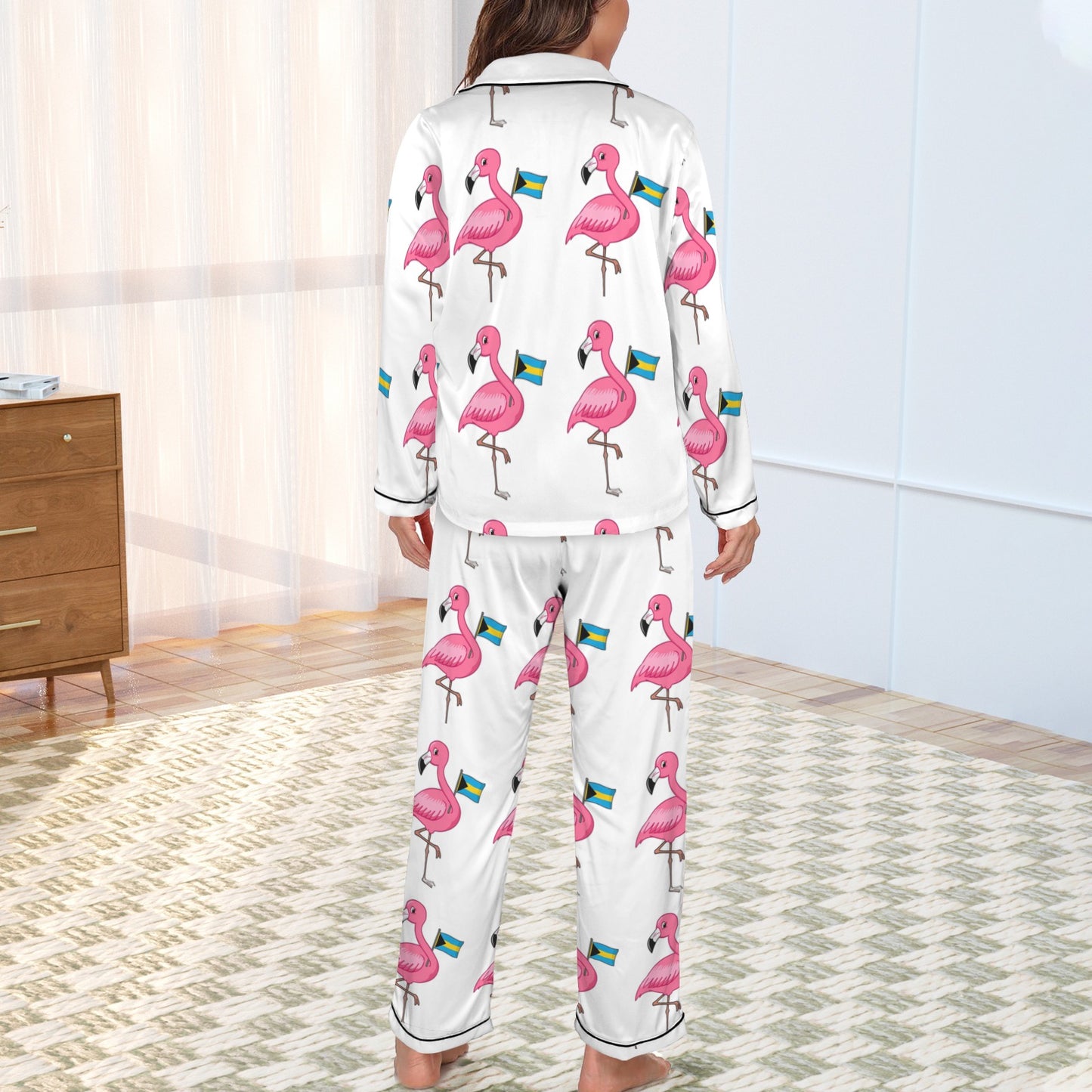 TropiKulture Flamingo Print Satin 2 Piece Long Sleeve Set ( White)