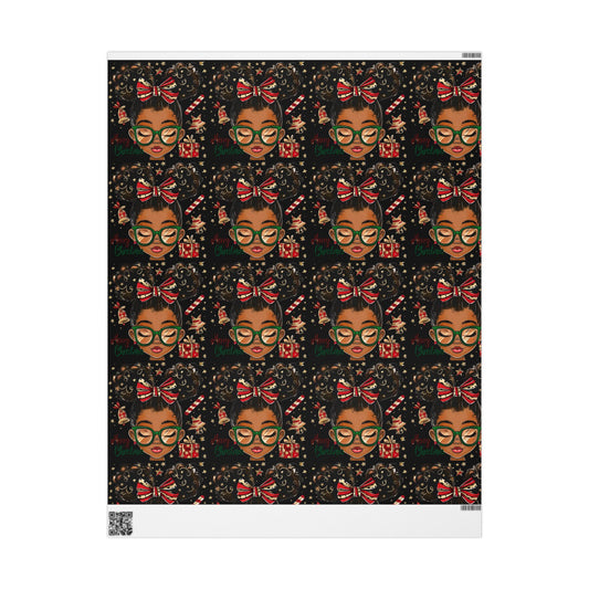 Holiday Afro Girl Wrapping Paper — Festive Black Background Gift Wrap