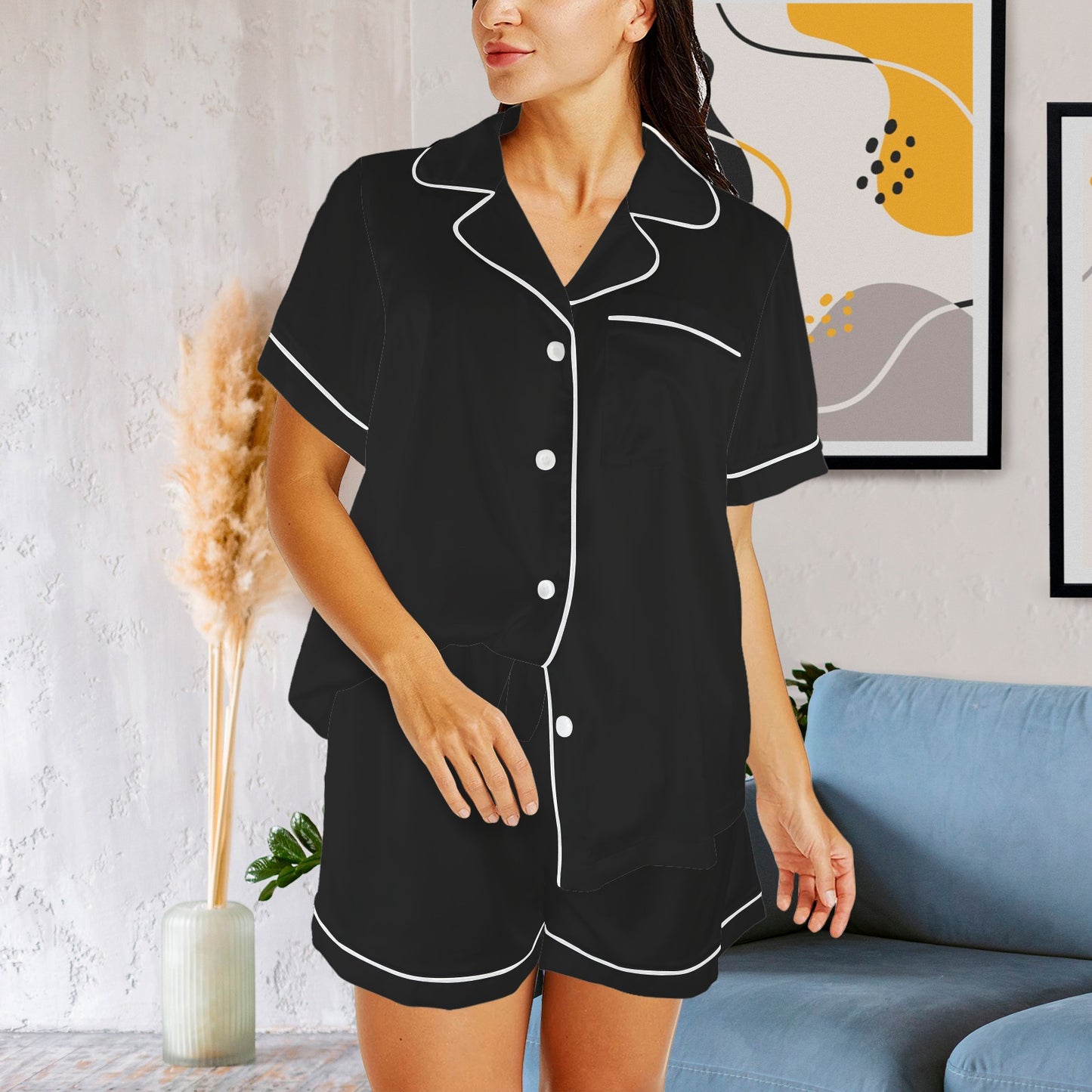 2Piece Satins Shorts Set (Black)