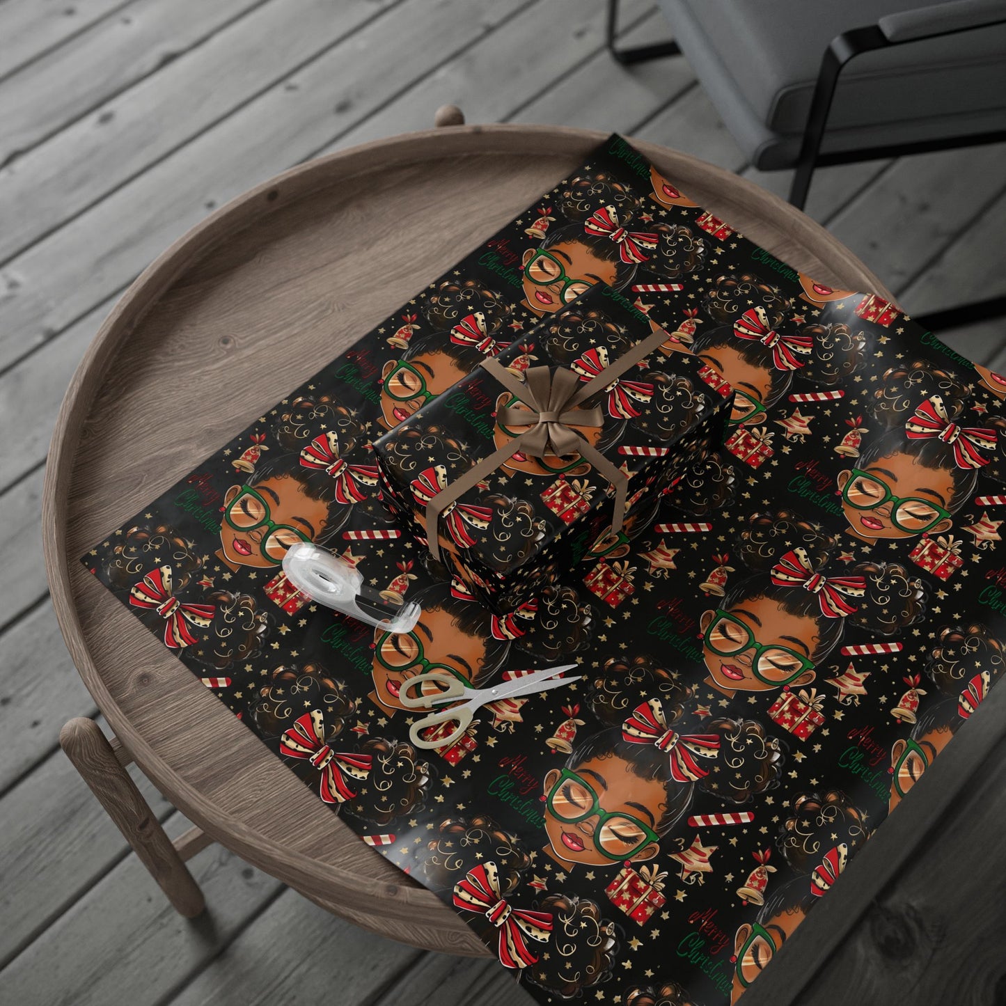 Holiday Afro Girl Wrapping Paper — Festive Black Background Gift Wrap