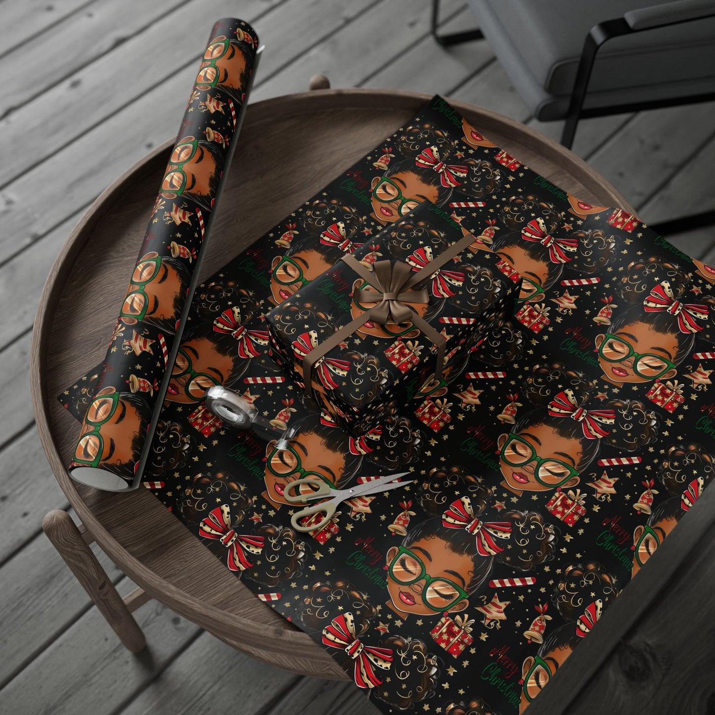 Holiday Afro Girl Wrapping Paper — Festive Black Background Gift Wrap