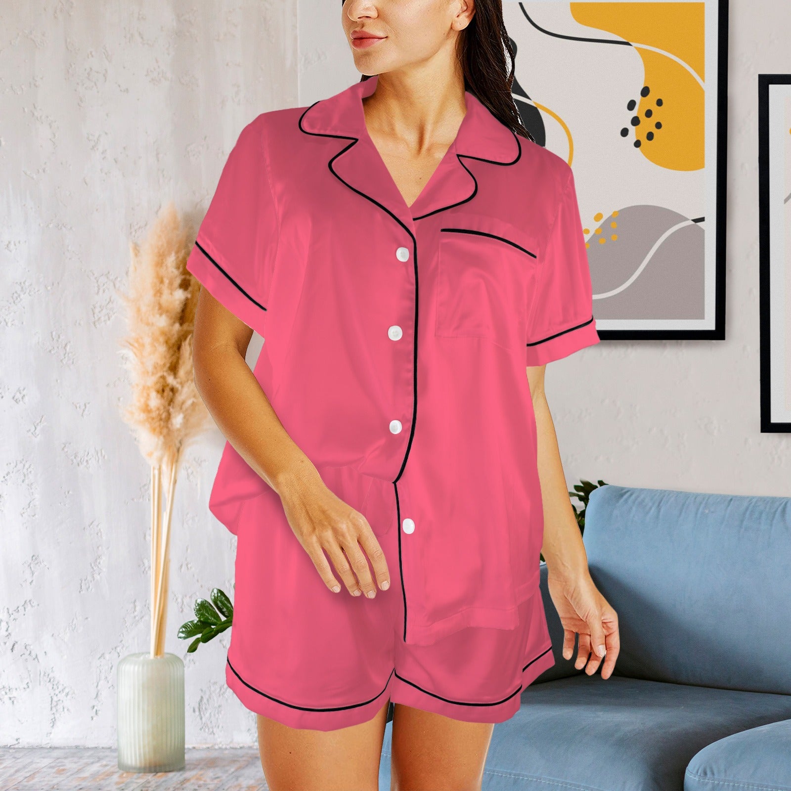 2 Piece Satin Shorts Set (Pink)