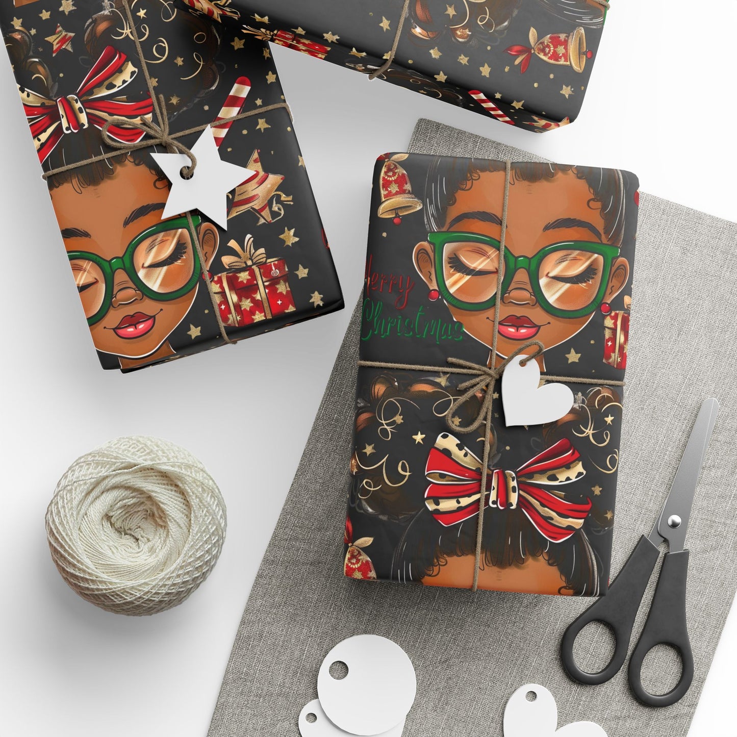 Holiday Afro Girl Wrapping Paper — Festive Black Background Gift Wrap