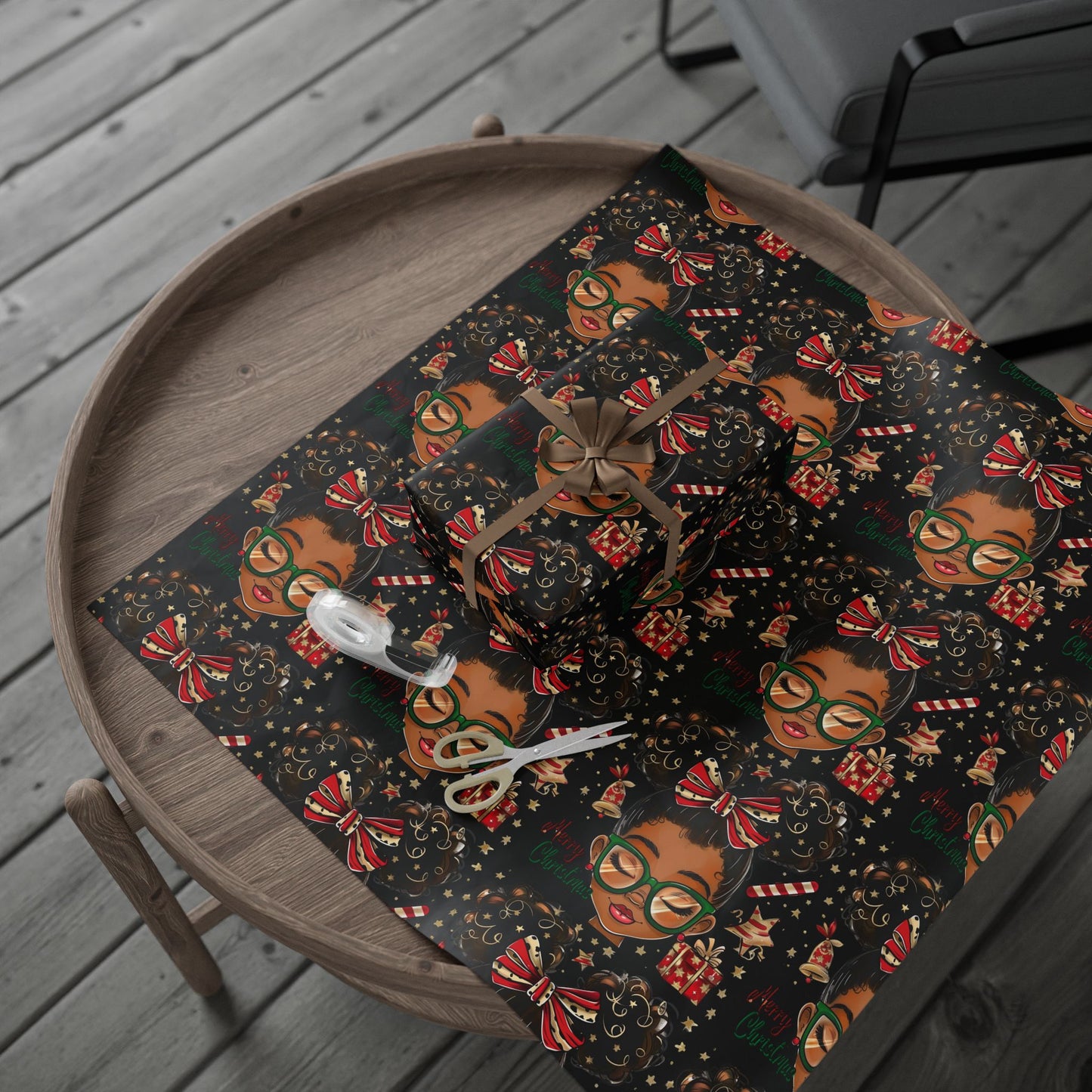 Holiday Afro Girl Wrapping Paper — Festive Black Background Gift Wrap