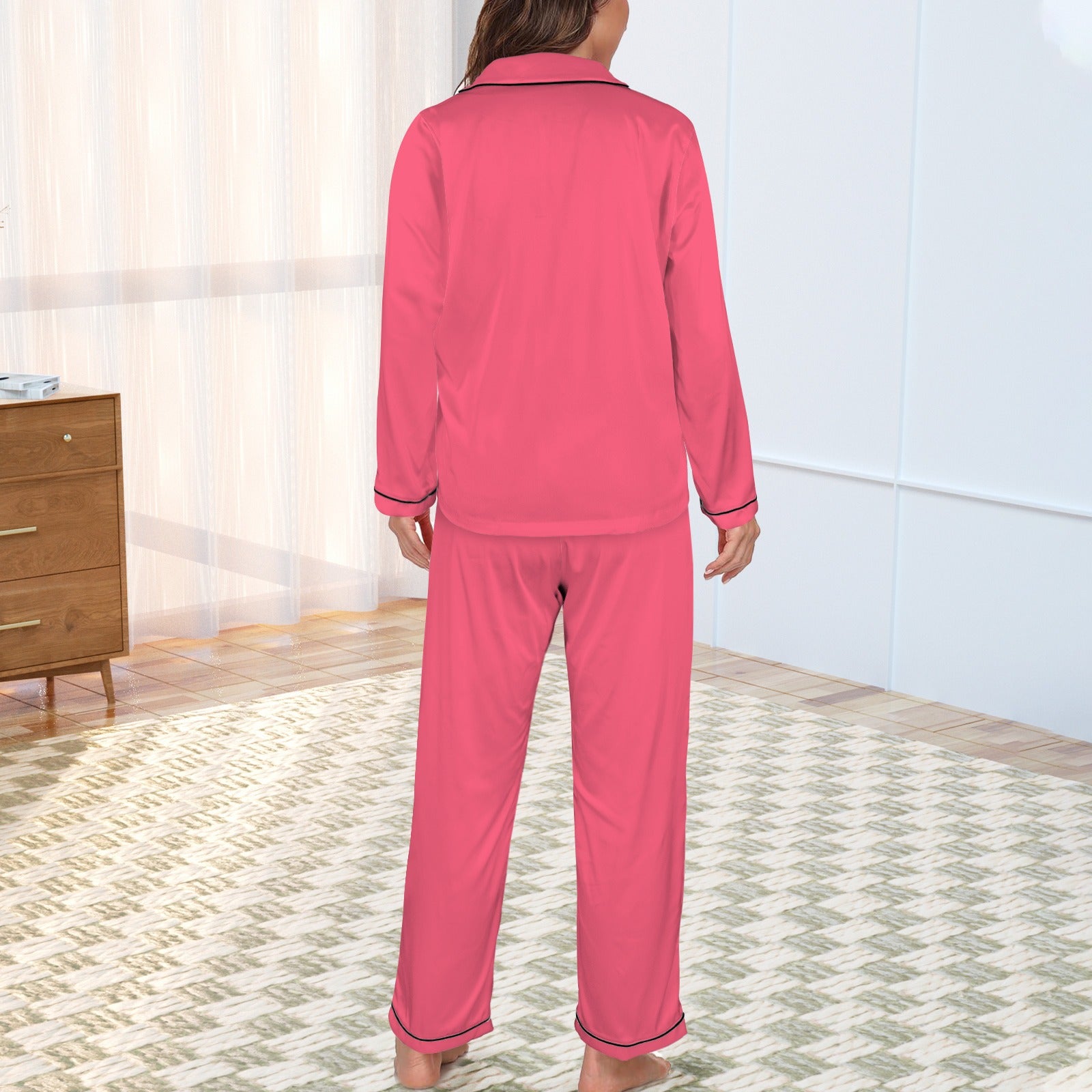 2 Piece Satin Long Sleeve Pajamas Set (Pink)