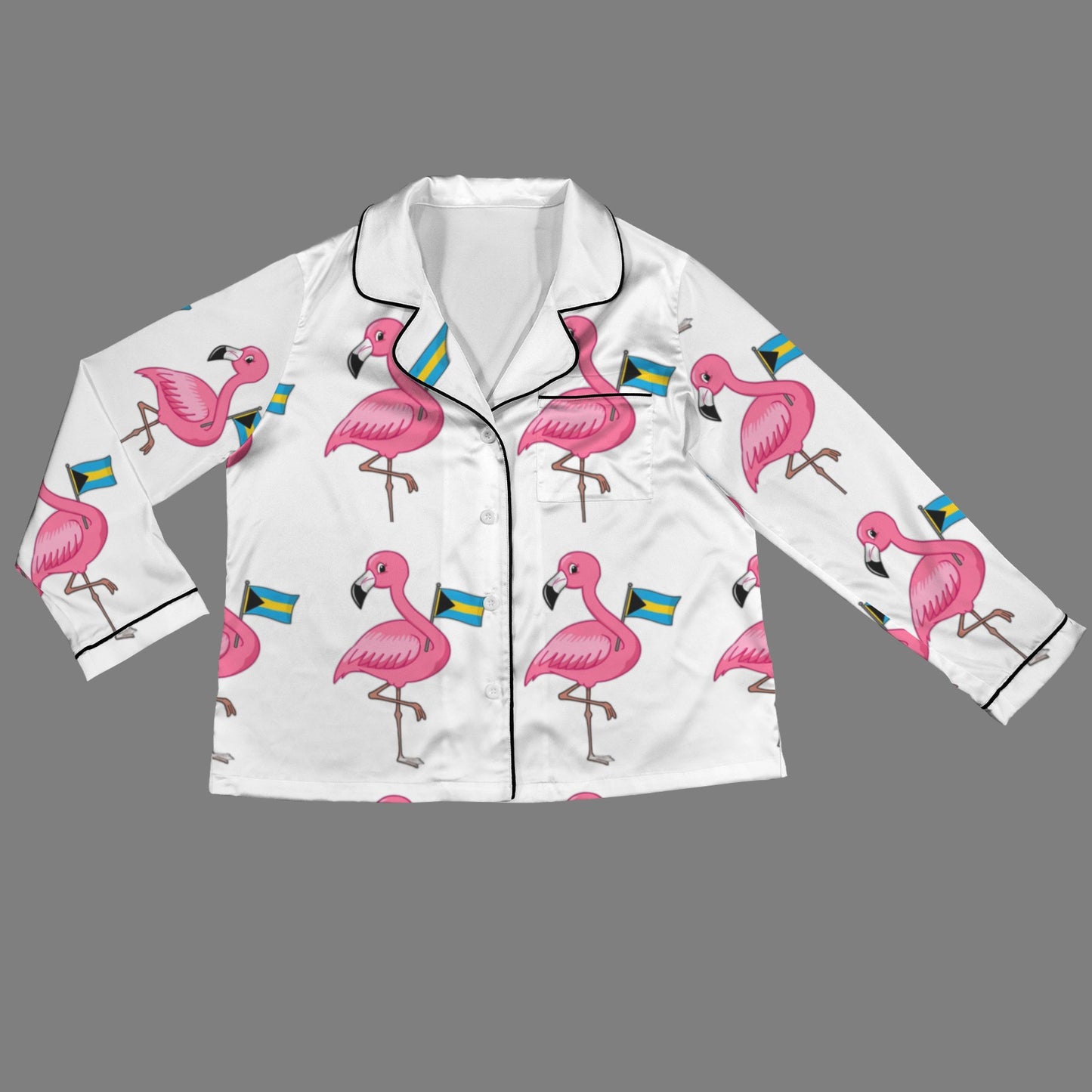 TropiKulture Flamingo Print Satin 2 Piece Long Sleeve Set ( White)