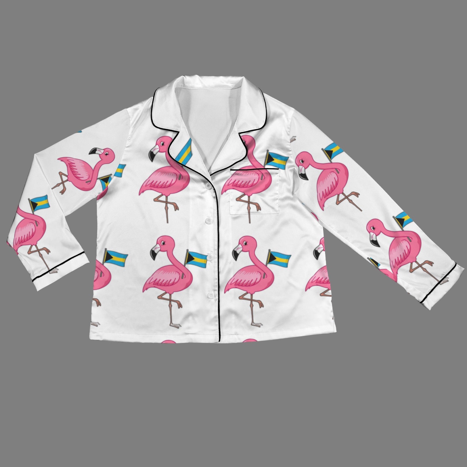 TropiKulture Flamingo Print Satin 2 Piece Long Sleeve Set ( White)