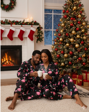 TropiKulture Flamingo Print Satin 2 Piece Long Sleeve Set (Black)