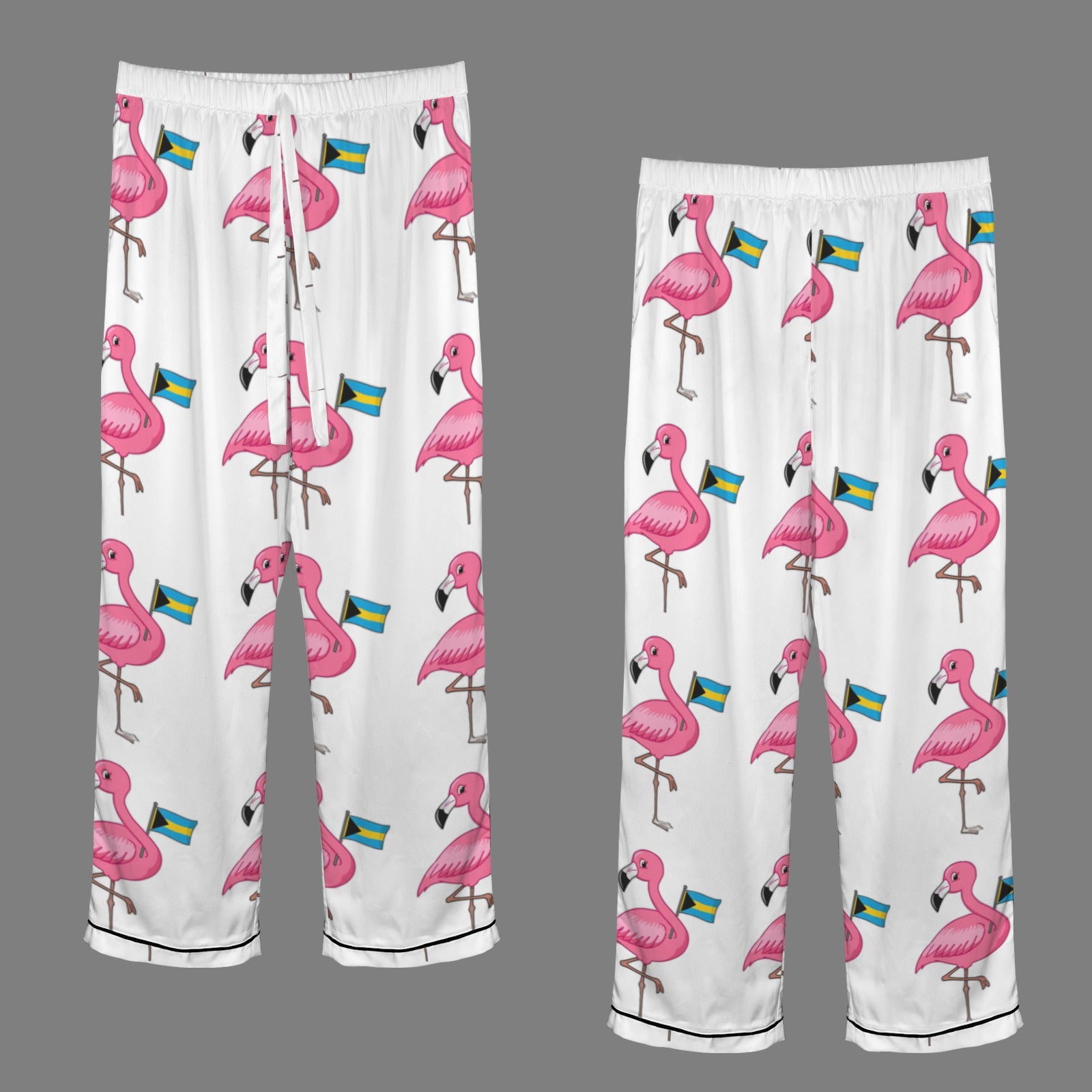 TropiKulture Flamingo Print Satin 2 Piece Long Sleeve Set ( White)