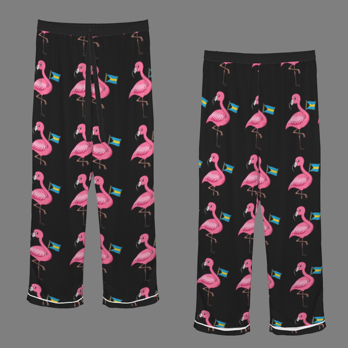 TropiKulture Flamingo Print Satin 2 Piece Long Sleeve Set (Black)
