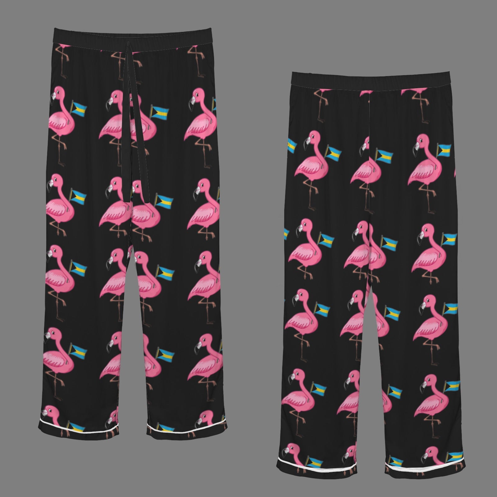 TropiKulture Flamingo Print Satin 2 Piece Long Sleeve Set (Black)